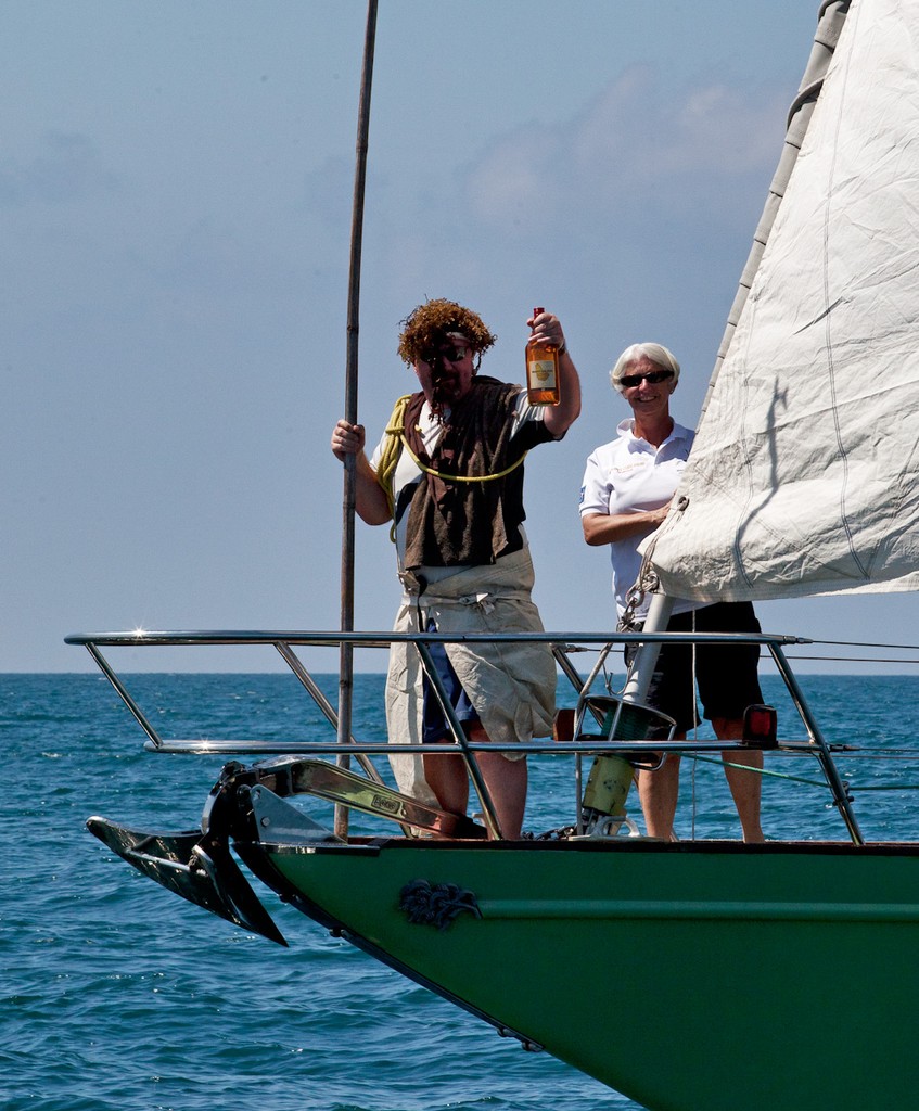 El Oro gets a visit from King Neptune. Mount Gay Rum 2012 Neptune Regatta. photo copyright Guy Nowell http://www.guynowell.com taken at  and featuring the  class