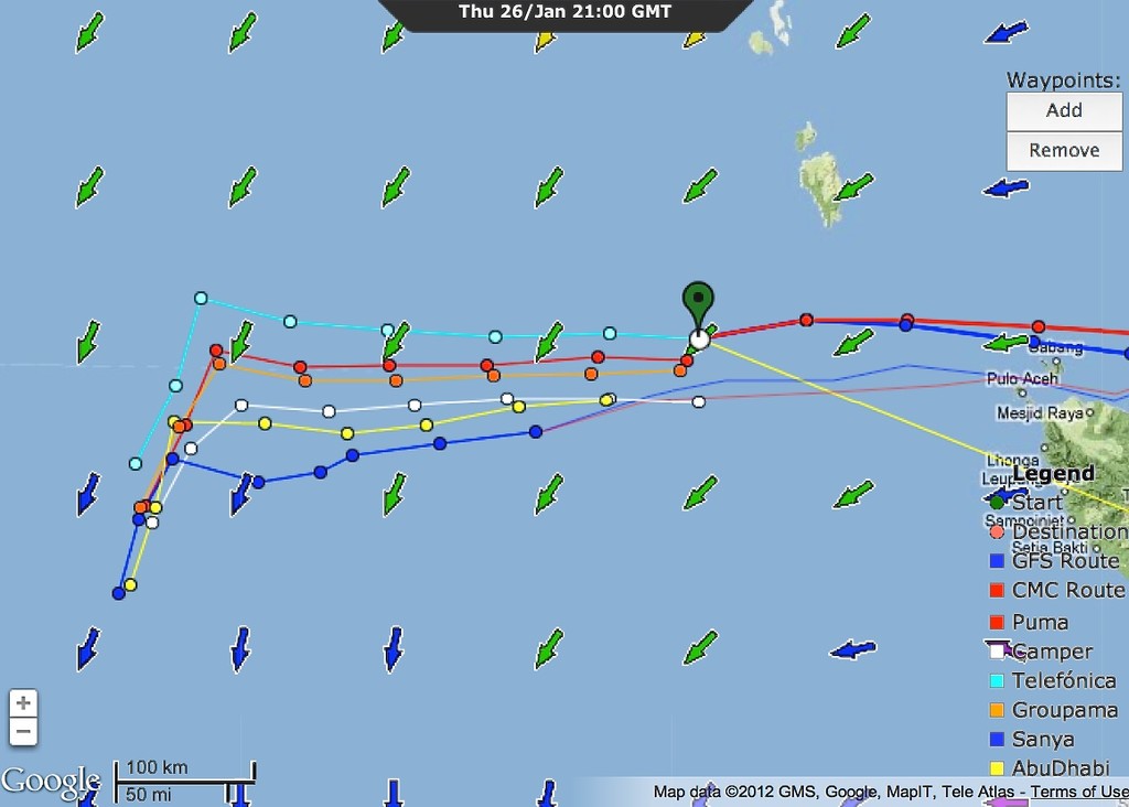 Fleet spread - Volvo Ocean Race based on position at 2100hrs UTC on 26 January 2012 photo copyright PredictWind.com www.predictwind.com taken at  and featuring the  class