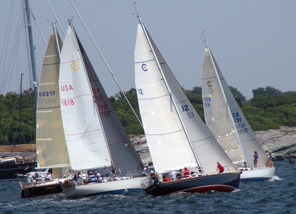 Three Cal 40s and Frolic (USA60217), a Sabre 362, at the start of Class 1 in the 2010 Newport Bermuda Race. Gone With The Wind (USA12) was over early. Sinn Feinn (USA1818) led the way over Belle Aurore (USA5191) and Frolic. Belle Aurore was 1st in class, Sinn Fein was 2nd and Gone With the Wnd was 3rd.. 183 boats started from Newport Rhode Island on the 635 mile thrash to the Onion Patch. credit Talbot Wilson photo copyright Talbot Wilson taken at  and featuring the  class