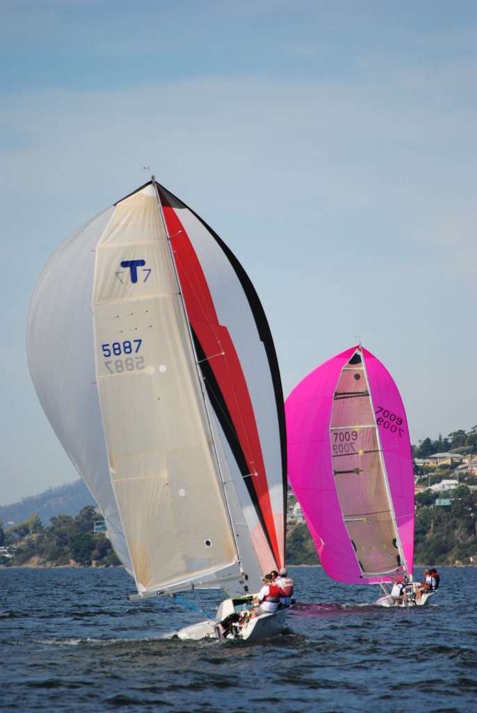 Sports boats carrying their huge spinnaker in the Tasmanian State title - Crown Series Bellerive Regatta 2012 photo copyright Rob Cruse taken at  and featuring the  class