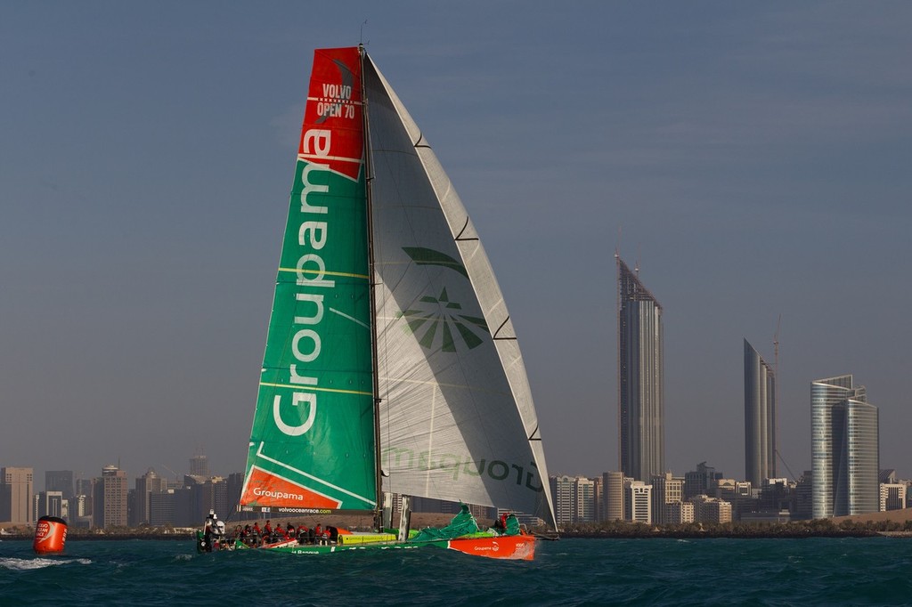 Groupama Sailing Team, skippered by Franck Cammas from France at the finish of leg 2 of the Volvo Ocean Race 2011-12, from Cape town, South Africa, to Abu Dhabi, UAE. (Photo Credit must read: IAN ROMAN/Volvo Ocean Race) photo copyright Ian Roman/Volvo Ocean Race http://www.volvooceanrace.com taken at  and featuring the  class