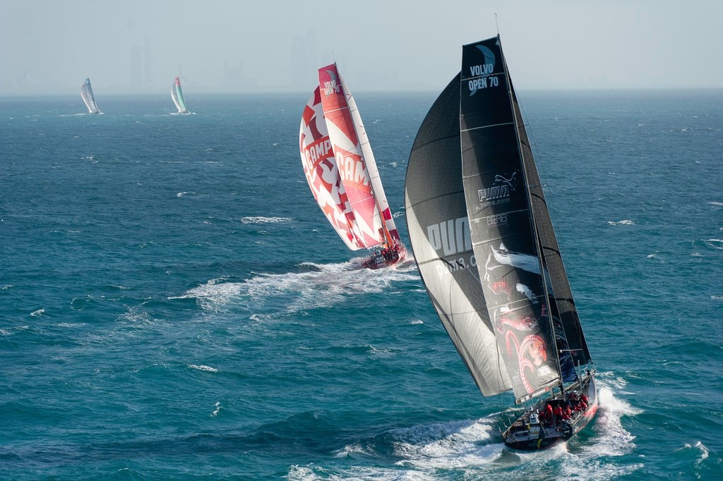 PUMA Ocean Racing powered by BERG, skippered by Ken Read from the USA at the finish of leg 2 of the Volvo Ocean Race 2011-12, from Cape Town, South Africa to Abu Dhabi, UAE. (Photo Credit Must Read: PAUL TODD/Volvo Ocean Race) photo copyright Paul Todd/Volvo Ocean Race http://www.volvooceanrace.com taken at  and featuring the  class