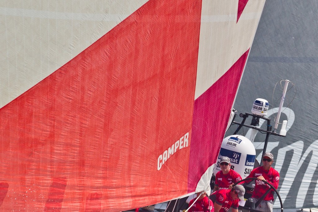 Cmaper leads Team Telefonica, skippered by Iker Martinez from Spain during the start of leg 4 of the Volvo Ocean Race 2011-12, from Sanya, China to Auckland, New Zealand. photo copyright Ian Roman/Volvo Ocean Race http://www.volvooceanrace.com taken at  and featuring the  class