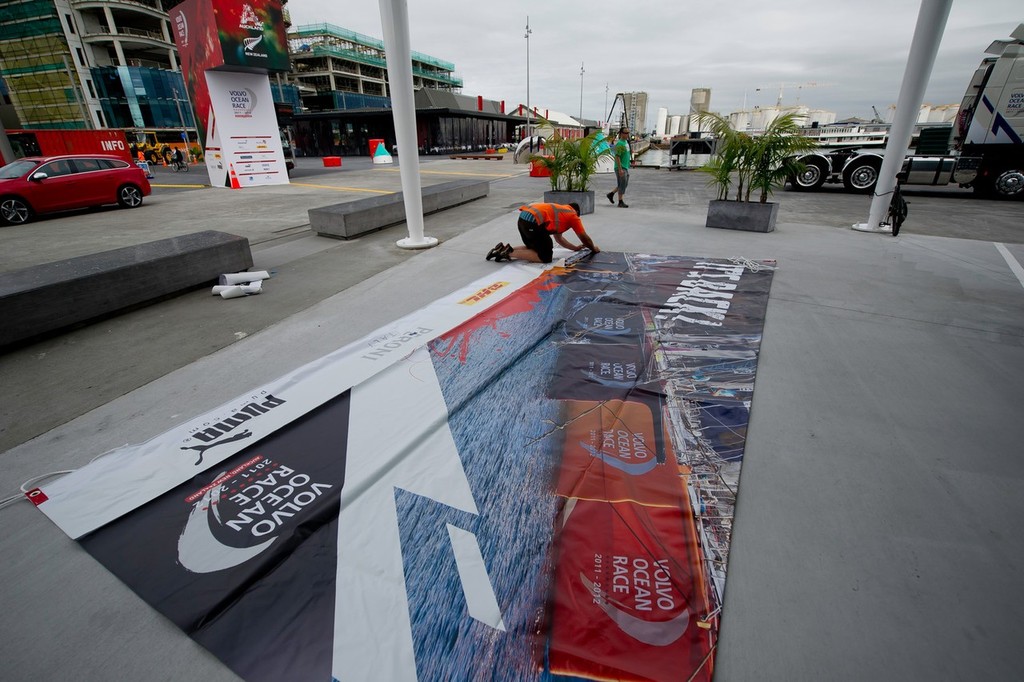Branding is put up around the Auckland race village, during the Volvo Ocean Race 2011-12.  © Paul Todd/Volvo Ocean Race http://www.volvooceanrace.com