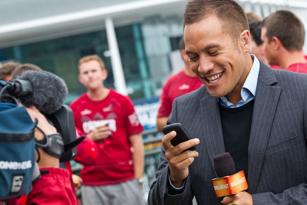 TVNZ Breakfast Show weather man Tamati Coffey broadcasts live from the official opening of the Auckland race village, for the Volvo Ocean Race 2011-12. (Credit: IAN ROMAN/Volvo Ocean Race) photo copyright Paul Todd/Volvo Ocean Race http://www.volvooceanrace.com taken at  and featuring the  class