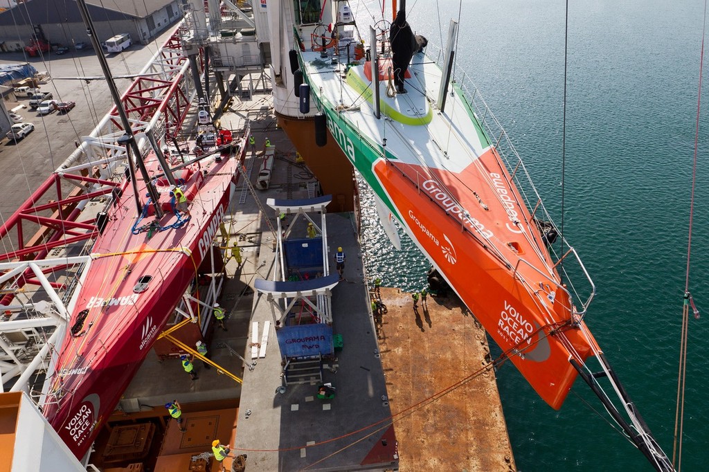 Groupama Sailing Team is unloaded ready for the restart of stage 2 of leg 2 to Abu Dhabi - Volvo Ocean Race 2011-12 photo copyright Ian Roman/Volvo Ocean Race http://www.volvooceanrace.com taken at  and featuring the  class