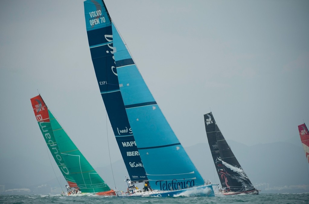 Team Telefonica, skippered by Iker Martinez leads the fleet in the Sanya Haitang Bay In-Port Race, during the Volvo Ocean Race 2011-12 photo copyright Paul Todd/Volvo Ocean Race http://www.volvooceanrace.com taken at  and featuring the  class