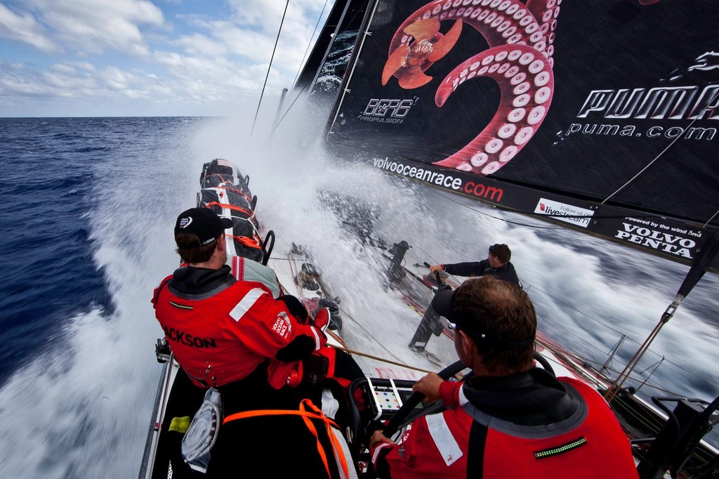 ``Champagne Sailing``, with big winds, blue oceans, warm water, and clear skies onboard PUMA Ocean Racing powered by BERG during leg 4 of the Volvo Ocean Race 2011-12, from Sanya, China to Auckland, New Zealand. (Credit: Amory Ross/PUMA Ocean Racing/Volvo Ocean Race) photo copyright Amory Ross/Puma Ocean Racing/Volvo Ocean Race http://www.puma.com/sailing taken at  and featuring the  class