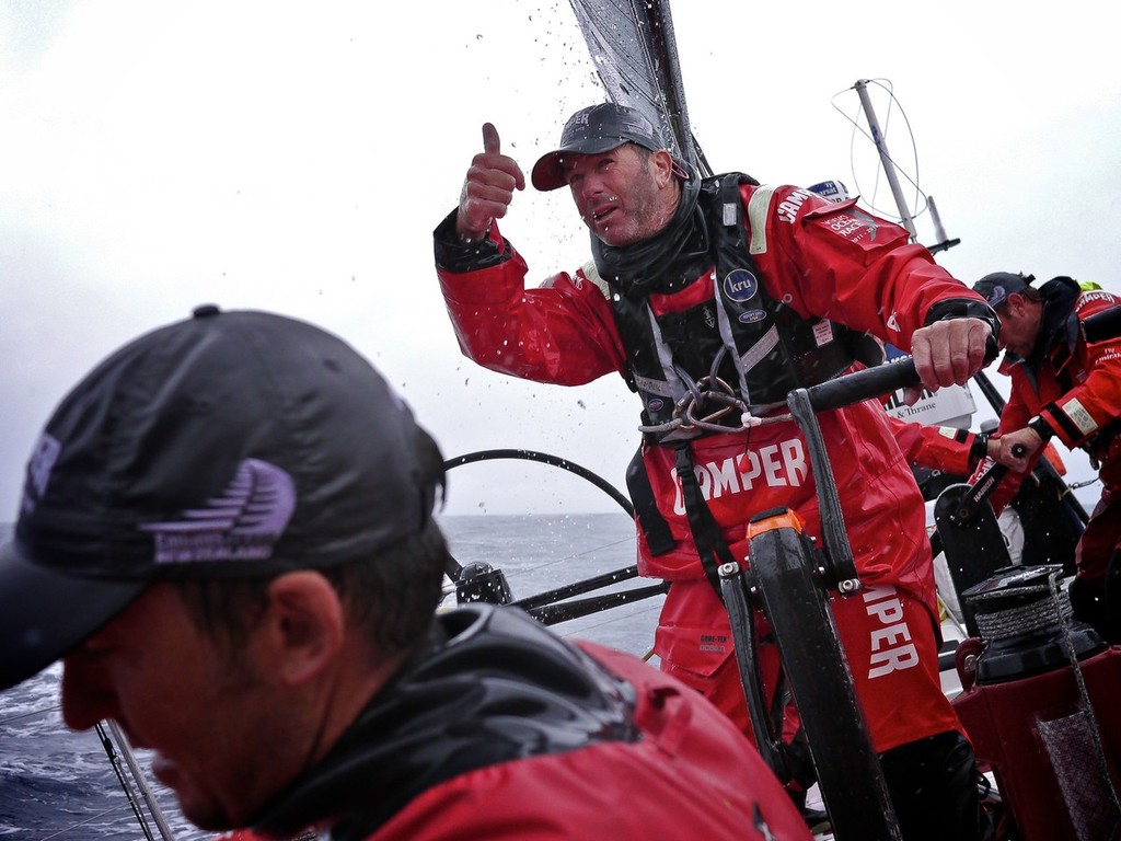 Rob Salthouse gives the thumbs up to the bowman during a sail change CAMPER with Emirates Team New Zealand during leg 4 of the Volvo Ocean Race 2011-12, from Sanya, China to Auckland, New Zealand. (Credit: Hamish Hooper/CAMPER ETNZ/Volvo Ocean Race) photo copyright Hamish Hooper/Camper ETNZ/Volvo Ocean Race taken at  and featuring the  class