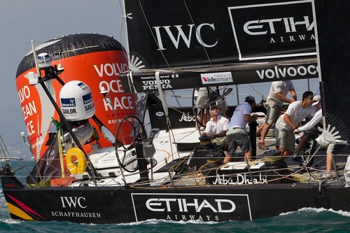 Abu Dhabi Ocean Racing, crew grinding while they pass the mark during the start of leg 4 of the Volvo Ocean Race 2011-12, from Sanya, China to Auckland, New Zealand.  © Ian Roman/Volvo Ocean Race http://www.volvooceanrace.com