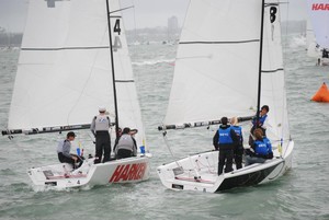 Boat 4. Harken (David Hazard) in a close pre-start with Boat 8. Yachting Development (George Brasell) - HARKEN Youth International Match Racing Championships photo copyright Sara Tucker taken at  and featuring the  class