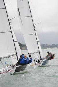 Boat 8. Yachting Development (George Brasell) just behind Boat 1. International (Adam Middleton) off the start line - HARKEN Youth International Match Racing Championships photo copyright Sara Tucker taken at  and featuring the  class