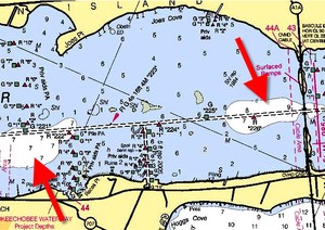 Scan your nautical chart. Look for white pockets of deeper water off the main dredged channel. Note the shoals that surround each of these pockets (soundings are in feet). In an emergency, deep water pockets offer you safe anchorage to make repairs, take a break, or--in some cases--to anchor overnight. This chart shows a segment of the US Intracoastal Waterway. photo copyright Captain John Jamieson http://www.skippertips.com taken at  and featuring the  class
