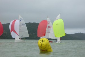 Slam Dunk T3700 leads the fleet downwind in Bream Bay - Elliott 5.9 National Champions photo copyright Rob Gill taken at  and featuring the  class