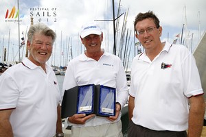 Melbourne to Geelong Passage Race Presentations - (L-R) Ian Murray - Chairman of the Regatta, Rob Hanna's skipper of Shogun, Winner of the Henri Lloyd Passage Race Monohull Line Honours and Lou Abrahams Trophy IRC Division and RGYC Commodore Andrew Neilson. - Festival of Sails 2012, Royal Geelong Yacht Club photo copyright Teri Dodds/ Festival of Sails http://www.festivalofsails.com.au/ taken at  and featuring the  class