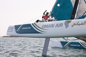 Omani footballer, Saad al-Mukhaini enjoying the ride on Oman Air on day 3 - Extreme Sailing Series 2012. Act 1 photo copyright Lloyd Images http://lloydimagesgallery.photoshelter.com/ taken at  and featuring the  class