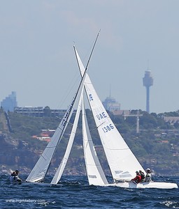 Etchells World Championship Sydney Australia 2012. Jazaraa crossing tacks with Anamchara up the first beat wiht Sydney's Telephone Tower framed in the background. photo copyright Ingrid Abery http://www.ingridabery.com taken at  and featuring the  class