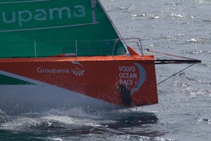 Groupama Sailing Team, skippered by Franck Cammas from France, show signs of damage to their hull, which has caused a leak onboard - Volvo Ocean Race 2011-12 photo copyright Ian Roman/Volvo Ocean Race http://www.volvooceanrace.com taken at  and featuring the  class
