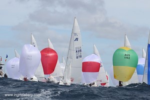 Etchells World Championship Sydney Australia 2012. The fleet approaching the finish line. photo copyright Ingrid Abery http://www.ingridabery.com taken at  and featuring the  class