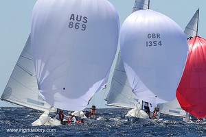 Etchells World Championship Sydney Australia 2012. Cardinal Sin leading Elvis down the track. photo copyright Ingrid Abery http://www.ingridabery.com taken at  and featuring the  class