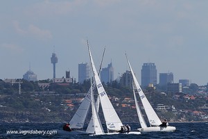 Etchells World Championship Sydney Australia 2012. Gen XY crossing tacks with Dawn Raid and The Croc with the city in the background. photo copyright Ingrid Abery http://www.ingridabery.com taken at  and featuring the  class