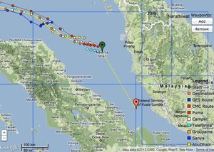 Complete fleet positions one hour before the lead change, and Telefonica&rsquo;s course change. Malaysia is the land mass to the right, Sumatra to the reader&rsquo;s left photo copyright PredictWind.com www.predictwind.com taken at  and featuring the  class