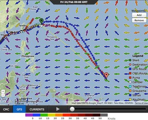Volvo Ocean Race - Leg 4 Day 4 - Camper&rsquo;s recommended course options are almost the same for both weather feeds used by the routing system. The end point is where she is expected to be in nine days time. photo copyright PredictWind.com www.predictwind.com taken at  and featuring the  class