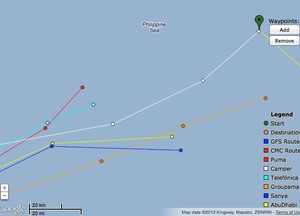 Race positions after exiting Taiwan. Camper is the most east, under the green pin. photo copyright PredictWind.com www.predictwind.com taken at  and featuring the  class