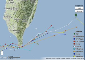 Race positions after exiting Taiwan. Camper is the most east, under the green pin. Telefonica&rsquo;s earlier big course alteration can be clearly seen. photo copyright PredictWind.com www.predictwind.com taken at  and featuring the  class