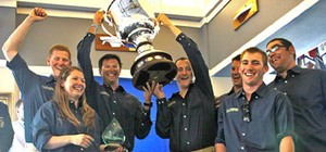Cal Maritime crew Kevin Hartley and Harry Antrobus hoist the Port of L.A. Harbor Cup with the team photo copyright Rich Roberts http://www.UnderTheSunPhotos.com taken at  and featuring the  class