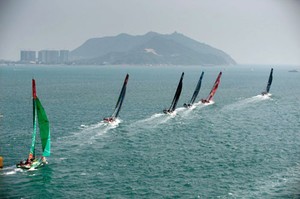 PUMA Ocean Racing powered by BERG, skippered by Ken Read from the USA leads the fleet of Volvo Open 70's, at the start of leg 4 of the Volvo Ocean Race 2011-12, from Sanya, China to Auckland, New Zealand. photo copyright Paul Todd/Volvo Ocean Race http://www.volvooceanrace.com taken at  and featuring the  class