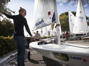 Netherland's Marit Bouwmeester getting her Laser Radial ready for a breezy day - Rolex Miami OCR 2011 photo copyright  Rolex/Daniel Forster http://www.regattanews.com taken at  and featuring the  class