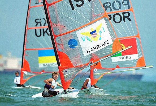 Virgin Island’s Ian Barrows ahead of Portugal’s Goncalo Pires and Ukraine’s Pavlo Babych Byte CII One Person Dinghy Singapore 2010 Youth Olympic Games (YOG)  © SPH-SYOGOC / Alphonsus Chern http://www.byteclass.org