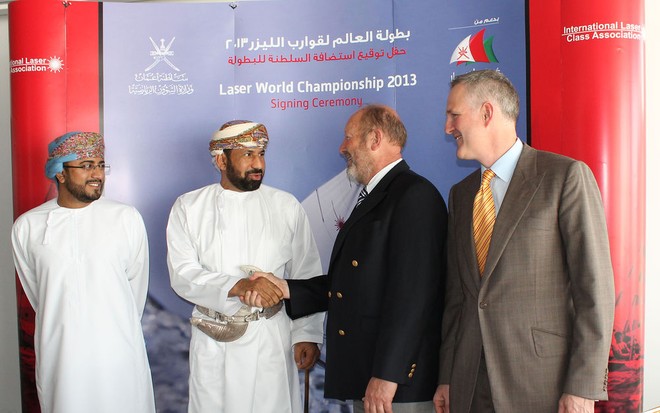 From right to left: David Graham CEO of Oman Sail, Jeff Martin Executive Secretary of ILCA, HE Sheikh Rashad Al Hinai Undersecretary of Omans Ministry of Sports Affairs and Issa Al Ismaili Director of Events in Oman Sail - Laser World Championships 2013 © OmanSail 