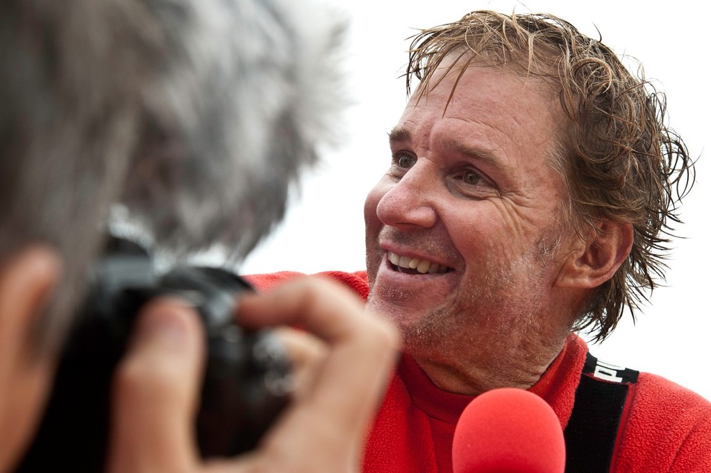 PUMA Ocean Racing powered by BERG, skipper Ken Read from the USA is interviewed, after finishing second on leg 4 from Sanya, China to Auckland, New Zealand, during the Volvo Ocean Race 2011-12. (Credit: Marc Bow/Volvo Ocean Race) ©  Marc Bow / Volvo Ocean Race