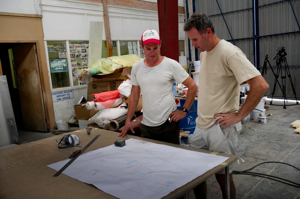 Nick Bice and Greg Salthouse from Salthouse Boatbuilders working on the new bow section for Team Sanya at Jaz Marine, Cape Town, South Africa.  © Paul Todd/Volvo Ocean Race http://www.volvooceanrace.com