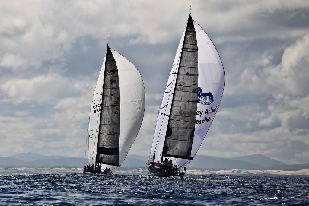 ’Accenture Yeah Baby’ (L) and ’Celestial’ (R) during the NSW IRC Championships 2012 Sail Port Stephens Regatta hosted by Corlette Point Sailing Club Day 6. © Matt King /Sail Port Stephens 2012