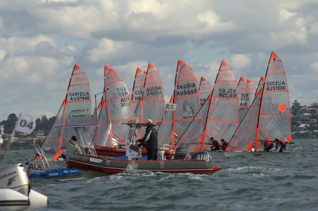 29ers tightly bunched on start line of Race 6 - 2012 AUS Mid-Winter Youth Championships © David Price
