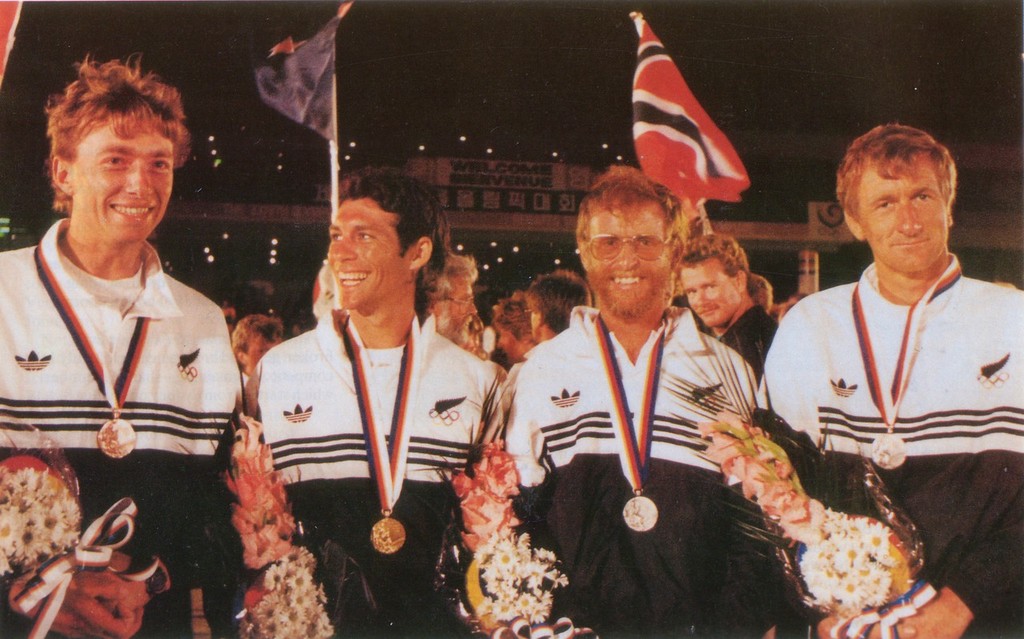 John Cutler (left), Bruce Kendall, Chris Timms and Rex Sellers at the 1988 Olympics, Pusan, Korea. photo copyright SW taken at  and featuring the  class