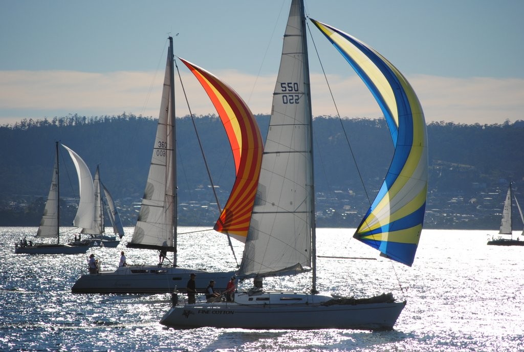 Fine Cotton and Limousine enjoy a spinnaker run down the Derwent in the Barnes Bay Regatta passage race - Barnes Bay Regatta 2012 photo copyright Rob Cruse taken at  and featuring the  class