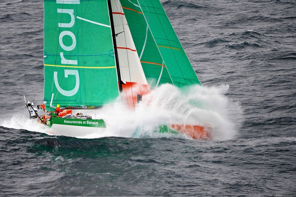 Race leaders Groupama Sailing Team, skippered by Franck Cammas from France, lead the fleet at full speed, on the approach to the finish of leg 8, from Lisbon, Portugal, to Lorient, France, during the Volvo Ocean Race 2011-12. © Paul Todd/Volvo Ocean Race http://www.volvooceanrace.com