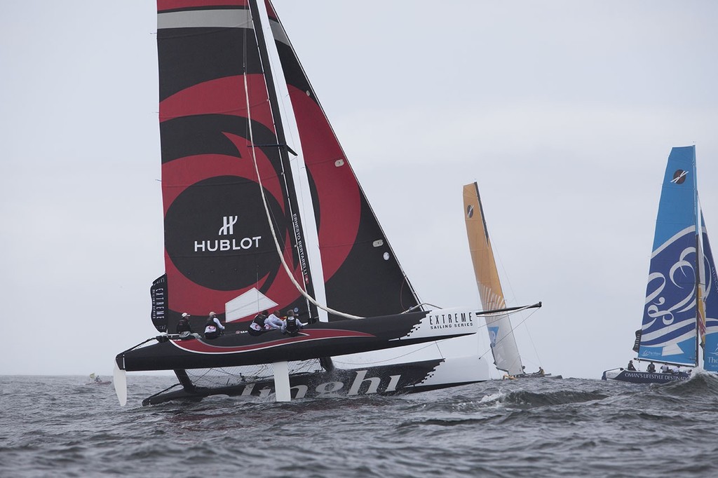 Alinghi flies a hull while competing on day 1 of Act 4 in Porto - Extreme Sailing Series 2012 photo copyright Roy Riley / Lloyd Images http://lloydimagesgallery.photoshelter.com/ taken at  and featuring the  class