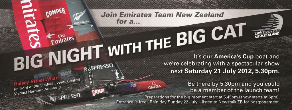 Your invitation to the Big Night with the Big Cat - witness sailing history with the first launch of an AC72 photo copyright Emirates Team New Zealand http://www.etnzblog.com taken at  and featuring the  class