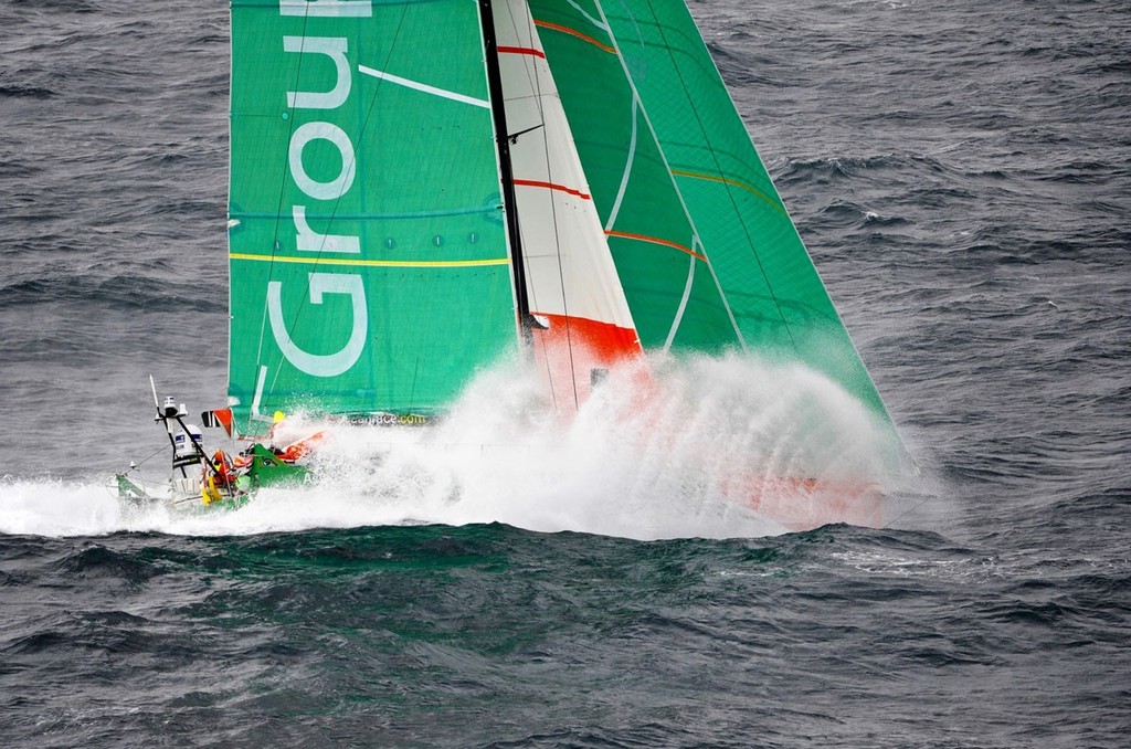 Race leaders Groupama Sailing Team, skippered by Franck Cammas from France, lead the fleet at full speed, on the approach to the finish of leg 8, from Lisbon, Portugal, to Lorient, France, during the Volvo Ocean Race 2011-12. photo copyright Paul Todd/Volvo Ocean Race http://www.volvooceanrace.com taken at  and featuring the  class