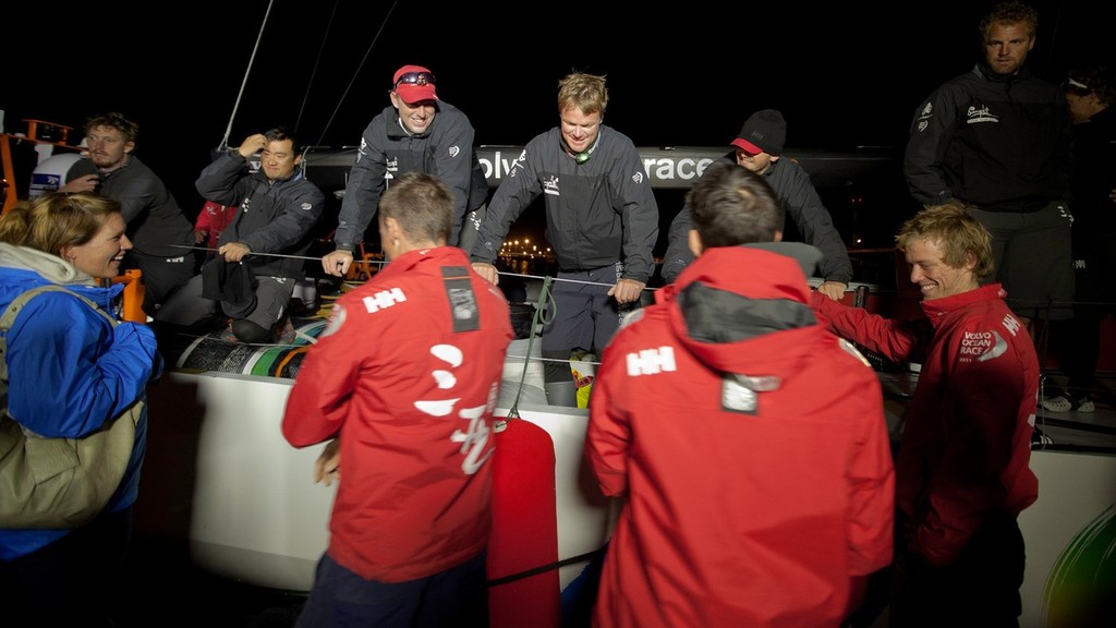 Team Sanya skippered by Mike Sanderson from New Zealand, arrive in Tauranga, New Zealand, after a broken rudder and hull damage forced them to sail back, during leg 5 of the Volvo Ocean Race 2011-12, from Auckland, New Zealand to Itajai, Brazil. They are now forced to retire from leg five and miss leg six of the race and ship their race boat and equipment to Miami. (Credit: Gareth Cooke/Volvo Ocean Race) photo copyright Gareth Cooke/Volvo Ocean Race http://www.volvooceanrace.com taken at  and featuring the  class