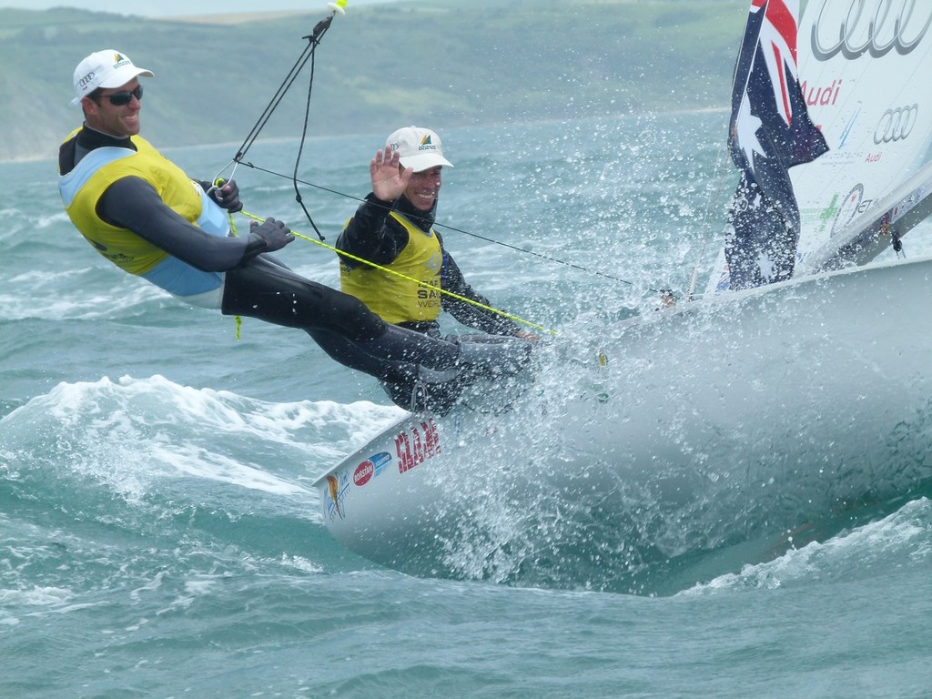Belcher and Page celebrate after winning the 470 medal race - Skandia Sail for Gold 2012 © Eddie Gatehouse