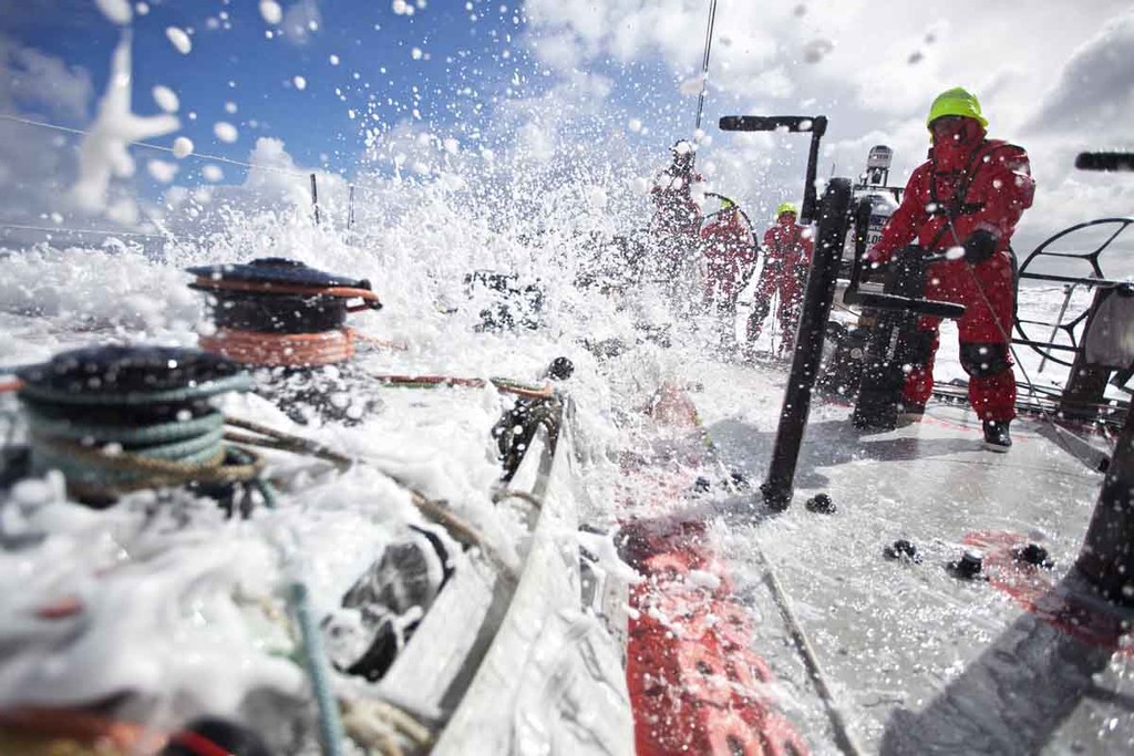 Wet conditions in the Southern Ocean aboard PUMA's Mar Mostro. PUMA Ocean Racing powered by BERG during leg 5 of the Volvo Ocean Race 2011-12, from Auckland, New Zealand, to Itajai, Brazil.  © Amory Ross/Puma Ocean Racing/Volvo Ocean Race http://www.puma.com/sailing