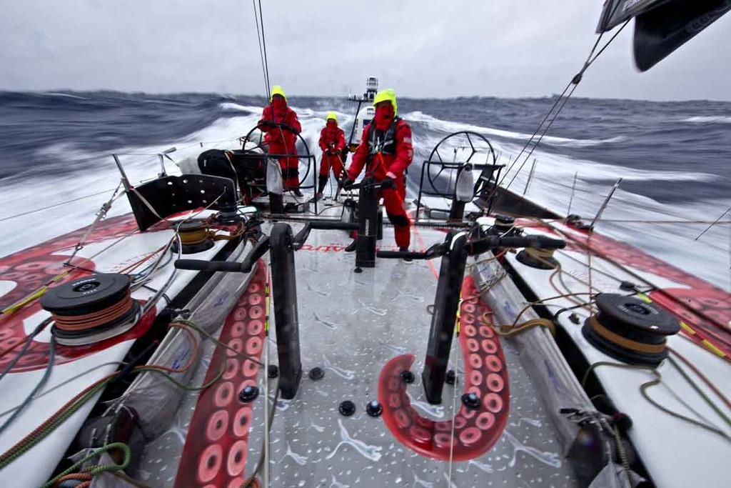 Life on deck can be pretty bleak--cold, wet, and dark--in the Southern Ocean. PUMA Ocean Racing powered by BERG during leg 5 of the Volvo Ocean Race 2011-12, from Auckland, New Zealand, to Itajai, Brazil.  © Amory Ross/Puma Ocean Racing/Volvo Ocean Race http://www.puma.com/sailing