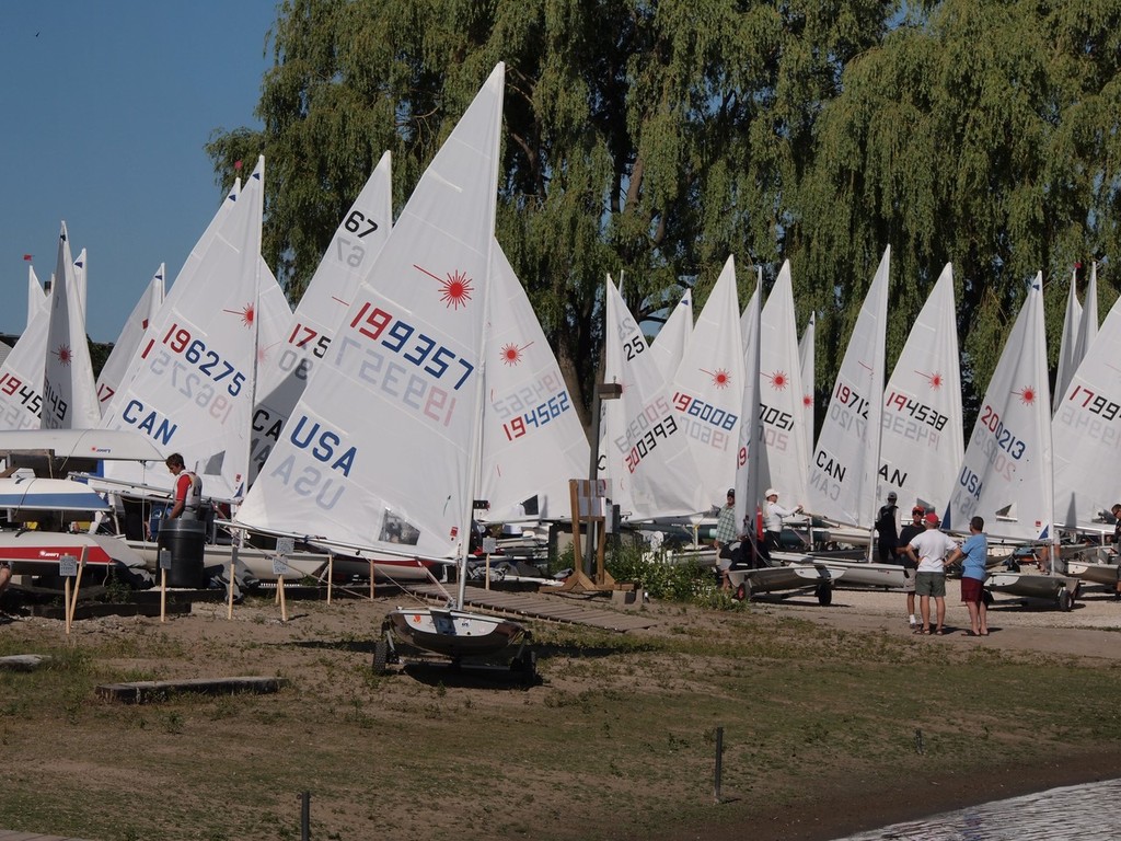 lasers on the beach at Etobicoke YC waiting to launch on Saturday morning - 2012 Laser and Radial Canadian Championships at Etobicoke Yacht Club photo copyright Katie Nicoll taken at  and featuring the  class