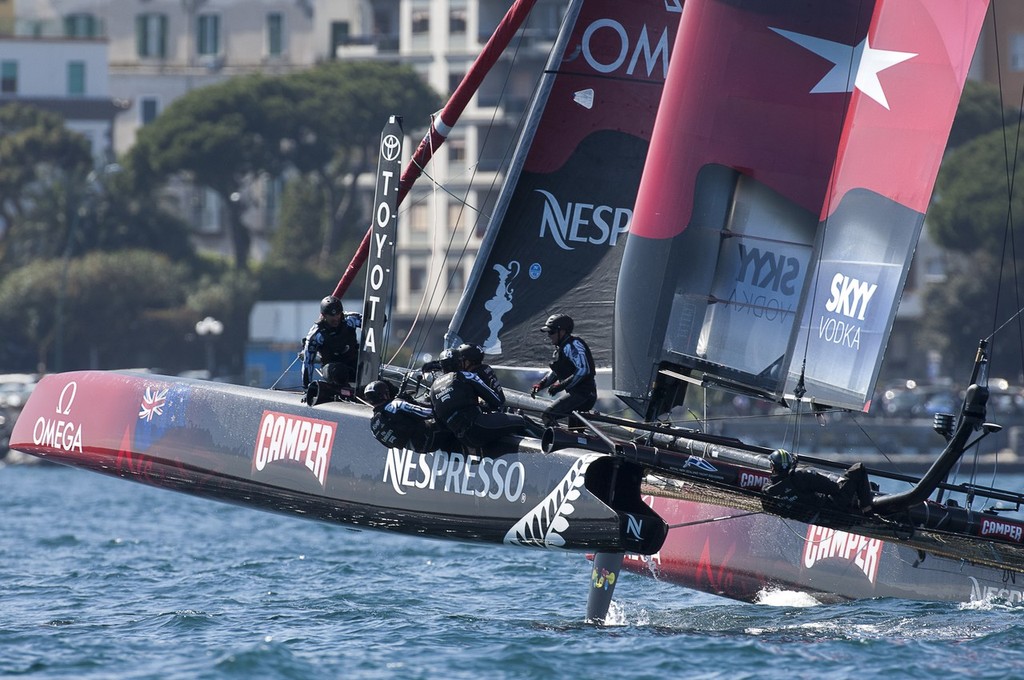 Emirates Team New Zealand lead the way in the fourth race of the regatta on day two of the America's Cup World Series in Naples. 12/4/2012 photo copyright Chris Cameron/ETNZ http://www.chriscameron.co.nz taken at  and featuring the  class